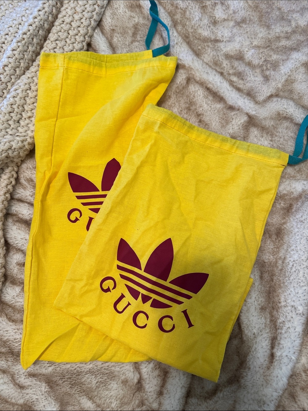 Gucci x Adidas Yellow Drawstring Shoe Dust Bags (2) with Maroon Logo